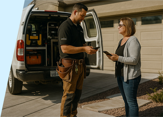 Two people on phones in front of work van